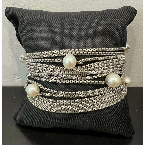 David Yurman 925 Sixteen Row Chain Bracelet With Pearls 7” - Picture 2 of 10